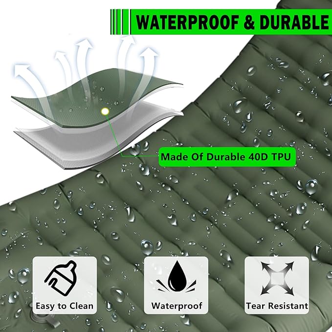 Green Self-Inflating Camping Sleeping Pad, 4.7' Thick, Single Air Mattress with Built-in Foot Pump, Waterproof, 72' x 20' x 4.7'