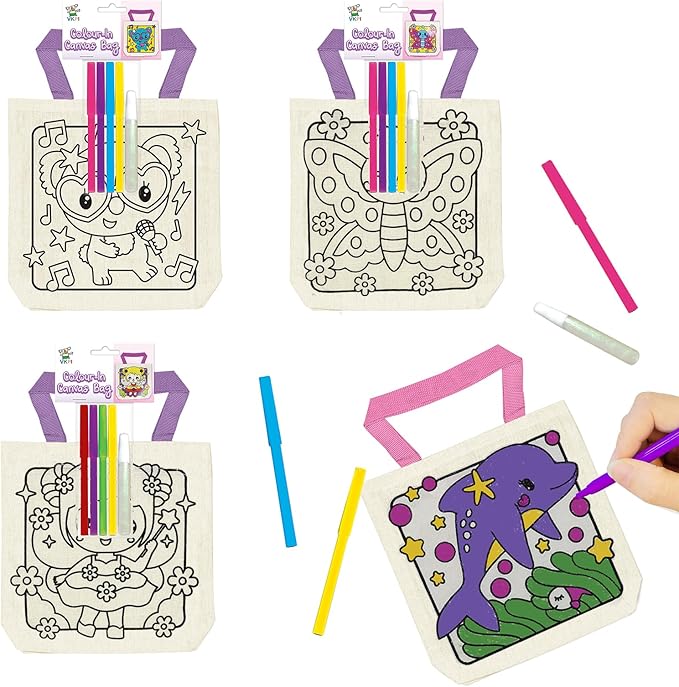 8 Pieces Kids Coloring Goodie Bags, Reusable Canvas Bag, Cute Art Party Favors, Color Your Own Bags for DIY Painting Birthday Carnival Celebration, Party Supplies Gift, Girls