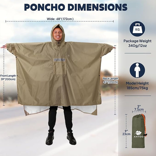 ANYOO Hooded Rain Poncho for Adults Waterproof Lightweight Rain Coat for Men Women Reusable Rain Jacket for Emergency Outdoor