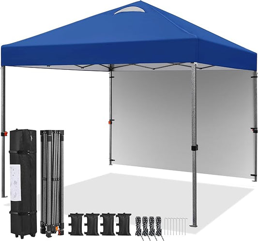 Yaheetech 10x10 Pop up Canopy Tent w/1 Sidewall, Instant Commercial 150D Silver Coated Fabric Outdoor Instant Tent w/Wheeled Bag, 4 Sandbags, 8 Stakes & 4 Ropes for Parties, Camping, Beach, Navy Blue