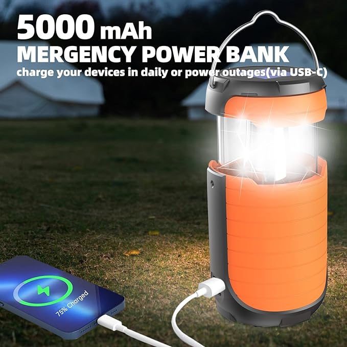 LED Camping Light 5000ma Solar Powered/ Hand Crank/ USB-C Rechargeable Camping Lights, Rechargeable Flashlight Portable Survival Light Waterproof for Emergency Home Power outages Failure