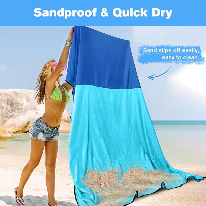 Beach Blanket Waterproof Sandproof Large Beach Mat 79" X 87", Quick Drying Durable Portable Lightweight Outdoor Nylon Picnic Blanket for Travel Camping Hiking, Blue