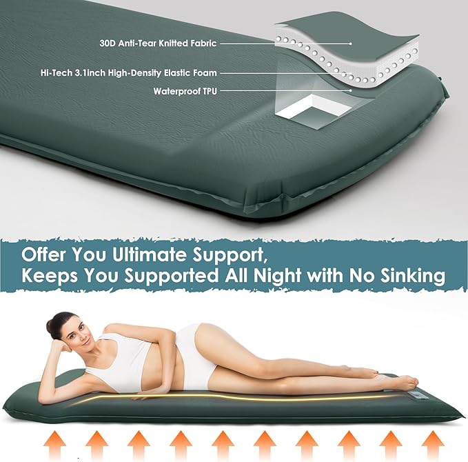 INVOKER Camping Sleeping Pad Foam Built-in Electric Air Pump 3.4" Ultra-Thick Self Inflating Sleeping Pad Fast Inflating in 20s Camping Mattress with Pillow for Car, Travel, Tent, Picnc