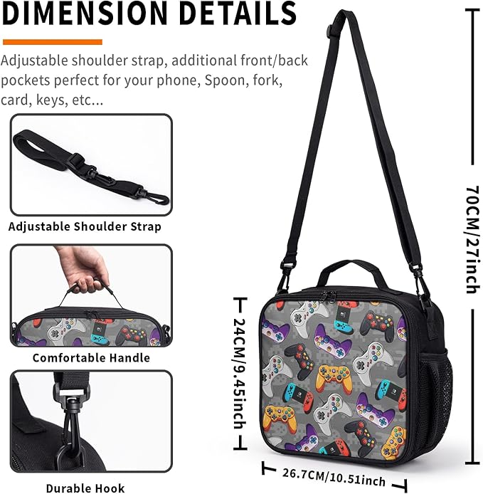 Game Colorful Lunch Bag Gray Gaming Lunch Boxes for Women/Man Office Work Travel School Work Picnic Durable Reusable Insulated Large Lunch Tote Bag with Adjustable Shoulder Strap