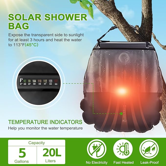 Solar Shower Bag Portable Shower for Camping Heating Camping Shower Bag 5 Gallons/20L Hot Water 45°C Switchable Shower Head for Camping Beach Swimming Outdoor Traveling Hiking…