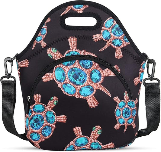 Violet Mist Neoprene Lunch Bag, Gem Turtle, Reusable Insulated Food Carrier, Adjustable Shoulder Strap, 12.6"L x 11.8"H x 6.8"W