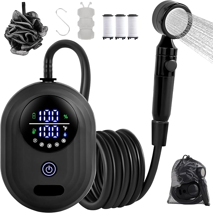 Lightweight Portable Camping Shower, 6000mAh Rechargeable Outdoor Shower Pump with 5 Pressure Modes, Filtered Shower Head, Temperature & Power Display for Hiking, Travel, Washing, Emergency