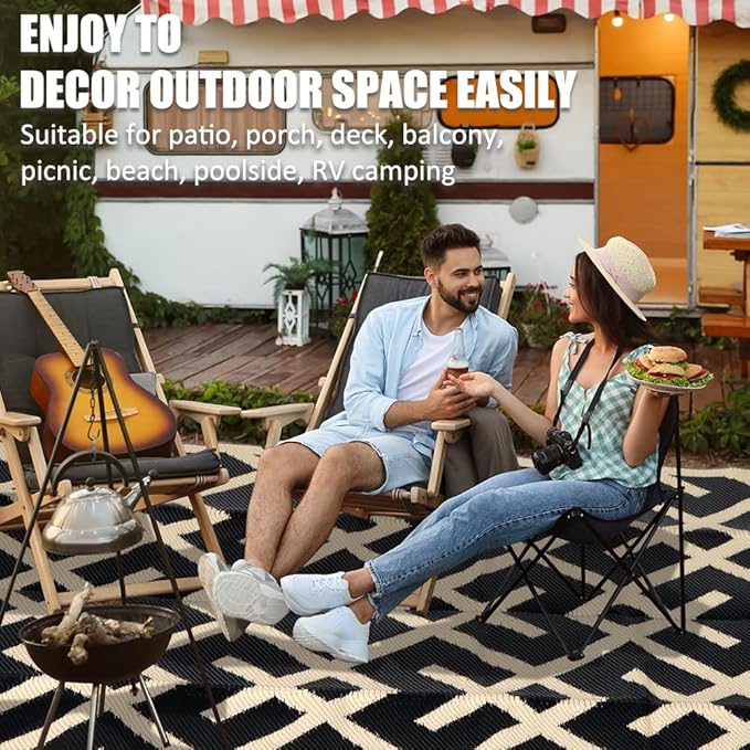 LILIOFFIC Outdoor Rugs - Reversible Mats, 9'x12' Plastic Straw Rug for Patio Clearance Waterproof, Indoor Outdoor Area Rug Carpet for Outside, RV, Deck, Picnic, Beach, Trailer, Camping, Black & Beige
