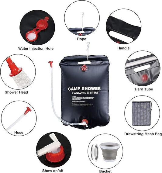 Portable Shower for Camping, Outdoor Camping Shower Bag 5 Gallon/20L, Waterproof Shower Bag with Collapsible Water Bucket, Shower Kit for Hiking, Car Travel, Picnic, Climb, Beach Trips