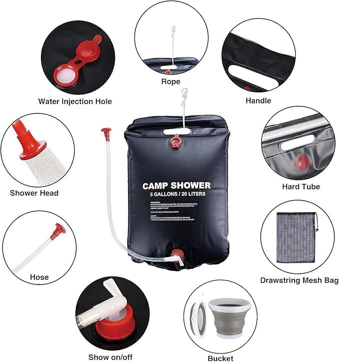 Portable Shower for Camping, Outdoor Camping Shower Bag 5 Gallon/20L, Waterproof Shower Bag with Collapsible Water Bucket, Shower Kit for Hiking, Car Travel, Picnic, Climb, Beach Trips