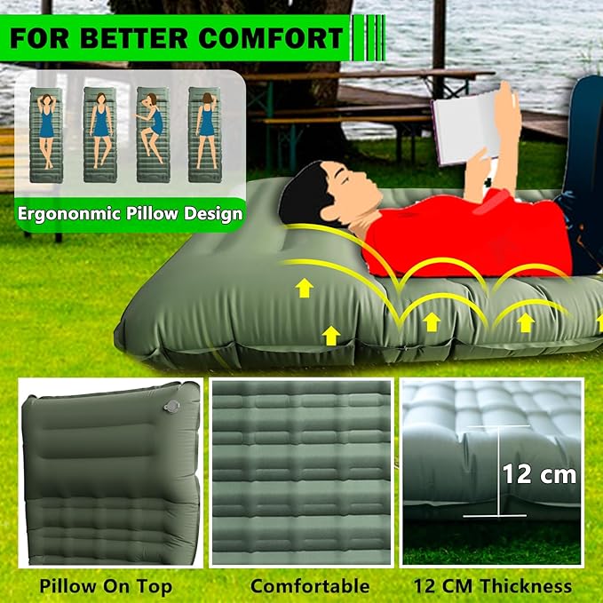 Green Self-Inflating Camping Sleeping Pad, 4.7' Thick, Single Air Mattress with Built-in Foot Pump, Waterproof, 72' x 20' x 4.7'