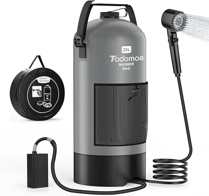 Portable Shower for Camping, 5 Gal/20 L Solar Heating Camping Shower Bag with Shower Pump, Portable Shower Head, Essential for Camping,Festivals, Overlanding, Beach Trips,Outdoor Showers