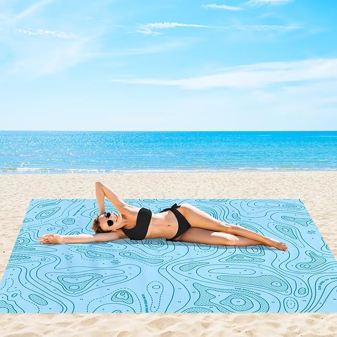 Blue Beach Blanket, 9 Ft X 10 Ft Extra Large Sandproof Beach Mat for 2-8 Adults, Foldable Waterproof Sand Free Outdoor Picnic Blanket with 4 Stakes & Corner Pockets for Camping, Hiking, Festival