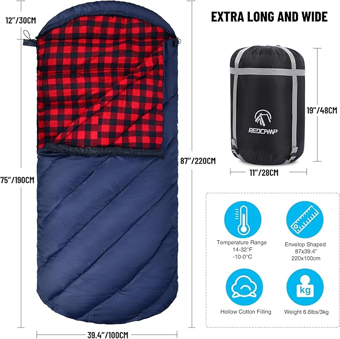 REDCAMP Flannel Sleeping Bag for Adults, Comfortable Cotton Sleeping Bags for Camping with Detachable Hood, Red/Grey/Blue