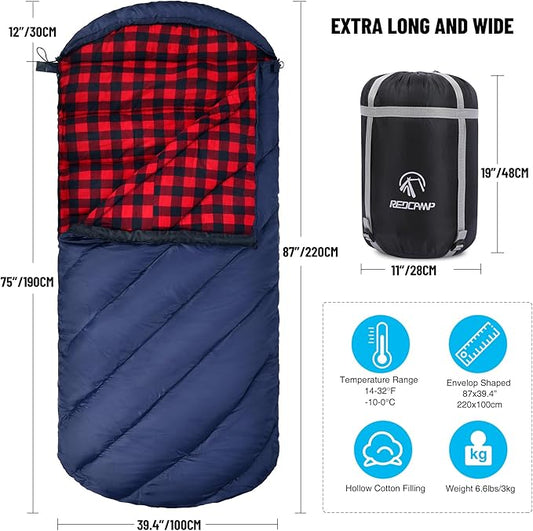 REDCAMP Flannel Sleeping Bag for Adults, Comfortable Cotton Sleeping Bags for Camping with Detachable Hood, Red/Grey/Blue
