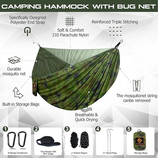 Camping Hammock, Portable Hammocks with Mosquito Net,Lightweight Nylon Parachute Hammock with 10ft Tree Straps,Camping Gear Must Haves for Travel,Hiking,Backpacking,Beach,Patio-Plaid Camouflage