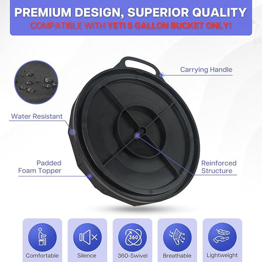 5 Gallon Bucket Seat for Yeti Bucket Only, Swivel Bucket Lid with Padded Top for Cozy Sitting, Bucket Seat Cushion for Outdoor Fishing,Hunting,Gardening,Camping,Car Washing, Baseball Training