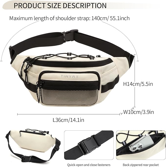 TINYAT Fanny Pack for Men Women Multifunction Waist Packs Large Crossbody Bum Bag with Zipper Waterproof Chest Bag for Hiking