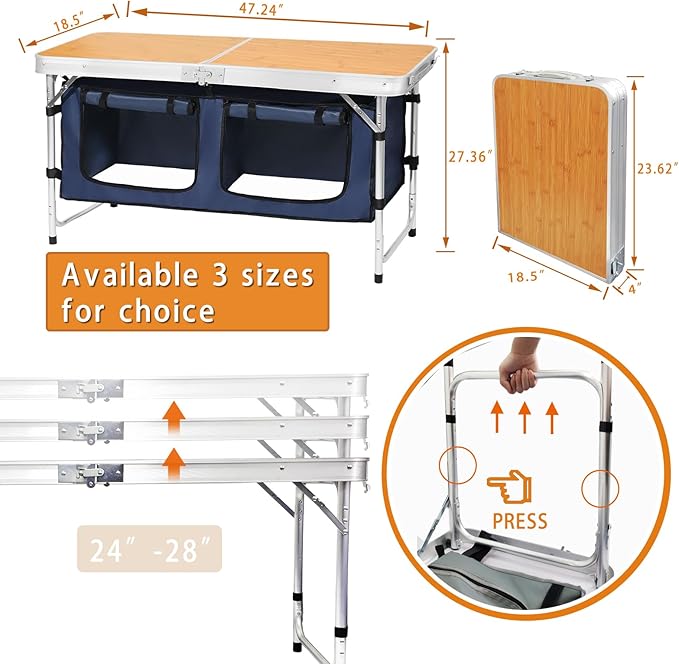 CampLand Outdoor Folding Table Aluminum Lightweight Height Adjustable with Storage Organizer for BBQ, Party, Camping