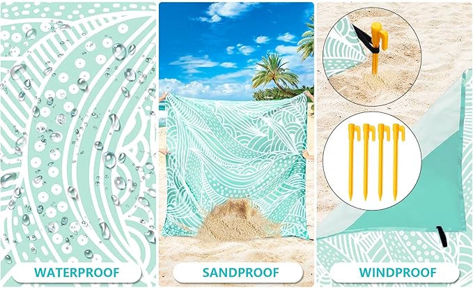 Beach Blanket Waterproof Sandproof Beach Mat 79" X 83" /10'x9'for 2-8 Adults Quick Drying Outdoor Picnic Mat Beach Accessories for Travel, Camping, Hiking