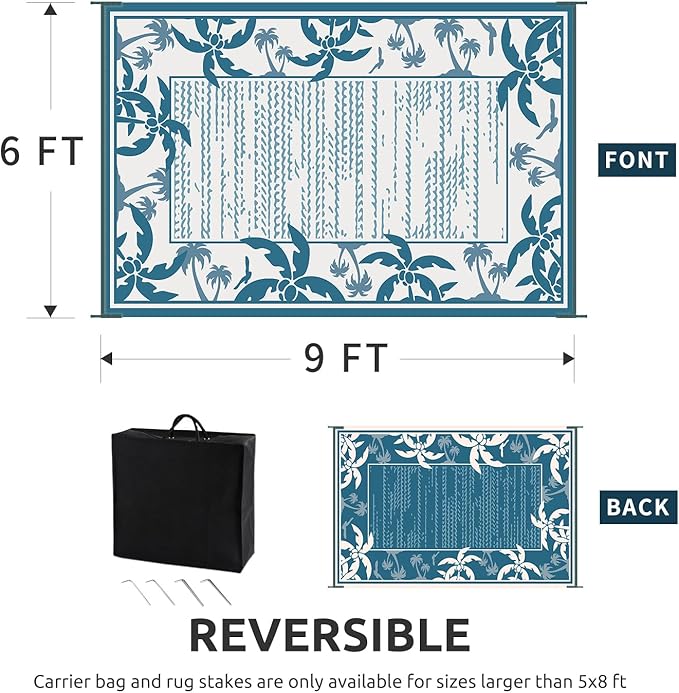 COCOER Outdoor-Rug 6x9 ft Waterproof Reversible Outdoor Plastic Straw Rug RV Indoor Outdoor Carpet Quick Dry Patio Rug Camping Mat for Balcony Backyard Picnic Beach-Blue&White