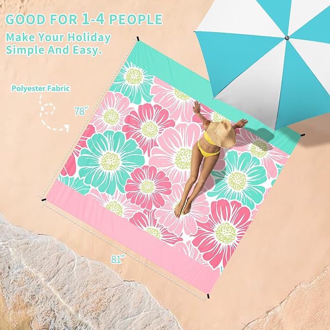 BYDOLL Beach Blanket Waterproof Sandproof 78''×81'' Suits1-4 Adults Compact Lightweight Oversized Sand-Free Blanket Large Picnic Mat for Beach Travel Camping Hiking