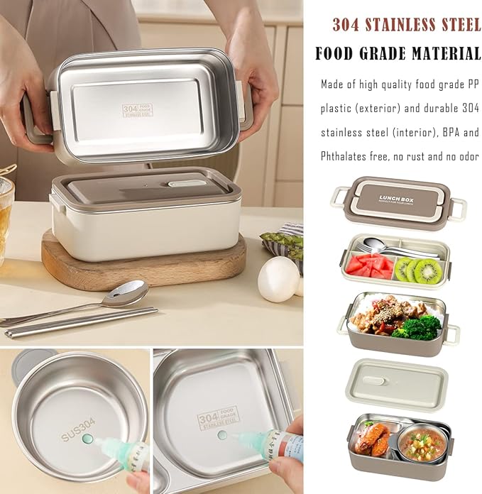 Bento Box Adult Lunch Box, Portable Insulated Lunch Containers Set, 2-Tier Stackable Stainless Steel Bento Boxes with Thermal Lunch Bag Soup Bowl, Leakproof Food Container