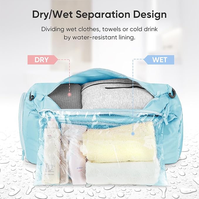 BALEINE Gym Duffel Bag for Women and Men, Small for Sports, Gyms and Weekend Getaway, Waterproof Dufflebag with Shoe and Wet Clothes Compartments, Lightweight Carryon Gymbag (Azure)