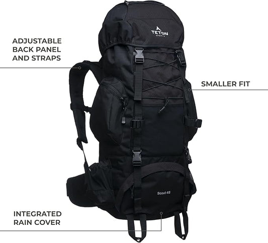 TETON 45L Scout Internal Frame Backpack for Hiking, Camping, Backpacking, Rain Cover Included