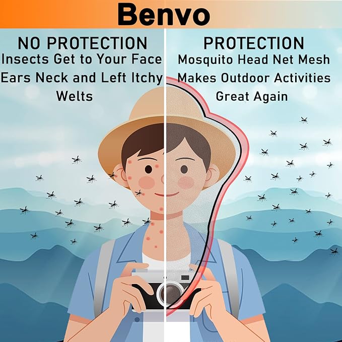 Benvo Mosquito Head Net Mesh, Face Neck Fly Netting Hood from Bugs Gnats Noseeums Screen Net for Any Outdoor Lover- with Carry Bags Fits Most Sizes of Hats Caps (2pcs, Grey, Updated Big Net)