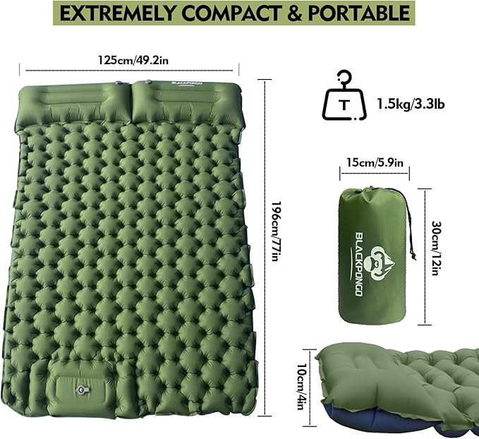 Camping Sleeping Pad, Ultralight Camping Mat with Pillow Built-in Foot Pump Inflatable Sleeping Pads Compact for Camping Backpacking Hiking Traveling Tent (Green, Double)