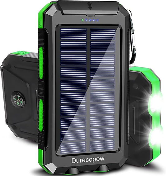 Solar Charger Power Bank, 20000mAh Portable Outdoor Waterproof Solar Battery Charger, Camping External Backup Battery Pack USB C Ports Input/Output, 2 Led Light Flashlight with Compass (Green)