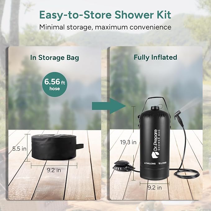 DR.PREPARE Camping Shower, 4 Gallons/15L Portable Shower with Foot Pump, Large Water Inlet, Outdoor Camp Shower Bag for Camping, Beach, Hiking, Climbing