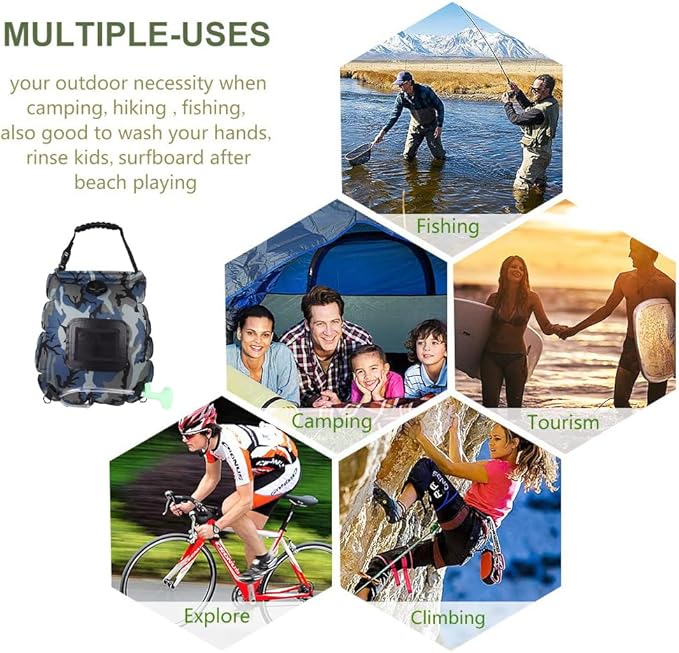 Solar Shower Bag | 5 Gal/20L Solar Heating Camping Shower Bag | Removable Hose | On-Off Switchable Shower Head | Ducha Portatil | Traveling Shower | Portable Shower for Beach Swimming, Hiking
