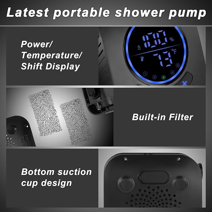 Portable Shower for Camping - 8000mAh Rechargeable Outdoor Shower Pump with 5 Pressure Modes, LED Display, IPX8 Waterproof, Lightweight Design for Hiking, Travel, Pet Cleaning, and Emergency