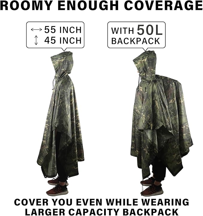 Camo Rain Poncho, Multi Use Waterproof Rain Coat