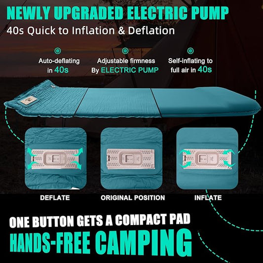 Self Inflating Sleeping Pad with Electric Pump, 3.15" Ultra-Thick Memory Foam Camping Sleeping Mat with Pillow, 9.5 R-Value Insulated Camping Pad Mattress for Travel Car Tent