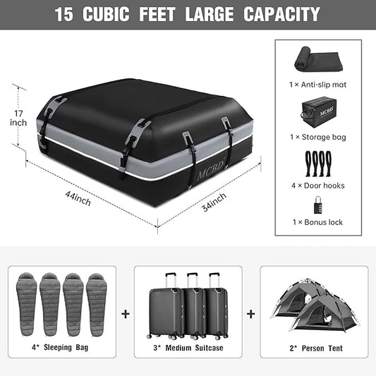 Rooftop Cargo Carrier Bag,15 Cubic Feet Soft-Shell Waterproof Car Roof Luggage Bag for All Vehicles SUV with/Without Rails,Includes 8 Reinforced Straps+4 Door Hooks,Storage Bag,Anti-Slip Mat,Gray