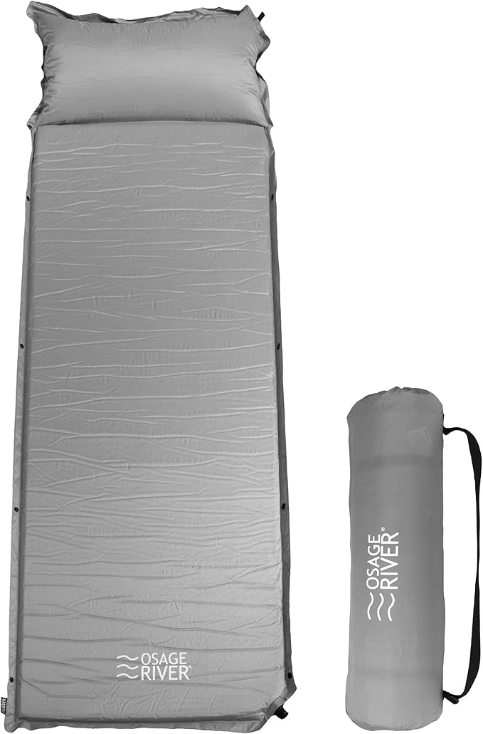 OSAGE RIVER Self Inflating Sleeping Pad with Built-in Pillow, Compact Memory Foam Sleep Mat, Camping Air Mattress for Tent, Travel, Backpacking, or Hiking