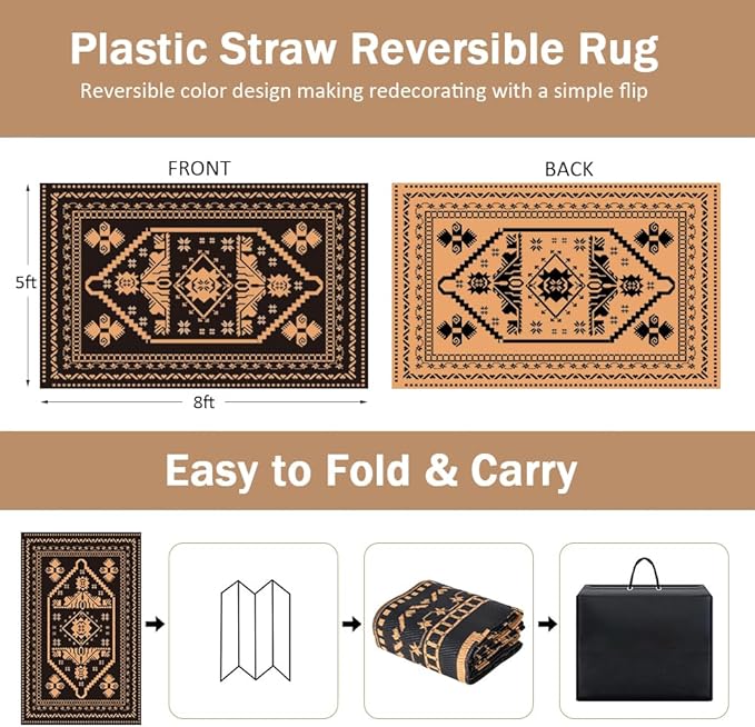 LILIOFFIC Outdoor Rugs for Patio Clearance - 5'x8' Waterproof Reversible Indoor Outdoor Rug Carpet, Portable Outdoor Plastic Straw Rug for RV Camping, Picnic, Beach, Porch, Deck, Black & Brown