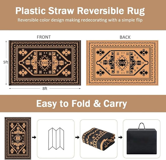 LILIOFFIC Outdoor Rugs for Patio Clearance - 5'x8' Waterproof Reversible Indoor Outdoor Rug Carpet, Portable Outdoor Plastic Straw Rug for RV Camping, Picnic, Beach, Porch, Deck, Black & Brown