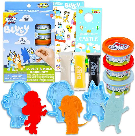 Bluey Dough Play Set - Bundle with 3 Bluey Dough Tubs with Bluey Character Molds for Boys, Girls Plus Stickers | Bluey Sensory Dough for Kids