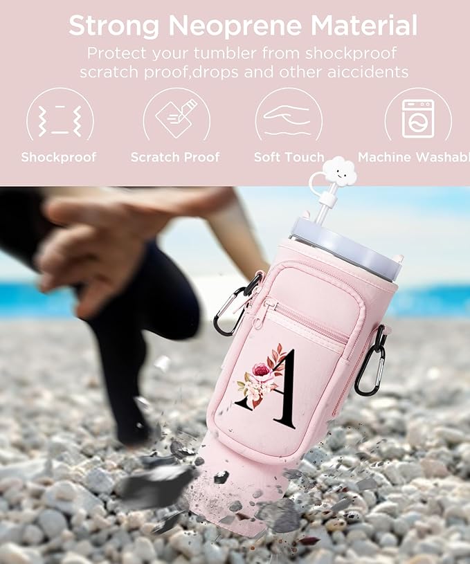 dabria Initial A-Z Water Bottle Bag with Phone Pocket for Stanley 40 oz Tumbler Neoprene Water Bottle Holder Pouch with Adjustable Strap Bollus with Straw Cover & Carabiner for Stanley Cup Accessories