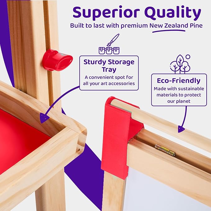 Blue Squid Art Easel for Kids - Dual-Sided Adjustable Wooden Painting Easels, Ideal Christmas Gift for Toddlers and Kid - with Magnetic Chalk Board, White Board & Paper Roll, Includes Accessories