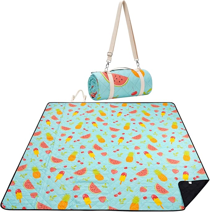 Picnic Blanket Extra Large 79" x 79", Washable Picnic Blankets, Camping Blanket with Portable Handle & Shoulder Strap - SummerFruits