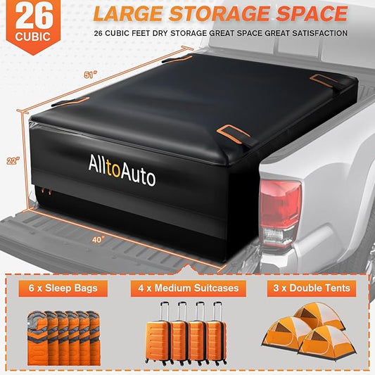 Truck Bed Cargo Bag with Cargo Net, 26 Cubic Feet (51''x40''x22''), 4'x6' Cargo Net Stretches to 8'x12', 100% Waterproof 600D Heavy Duty, Fits Any Truck Size, Convenient for Installation