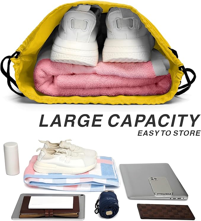 BuyAgain Drawstring Backpack Sports Water Resistant String Bag Sport Gym Sackpack for Women Men Large with Zipper, Yellow