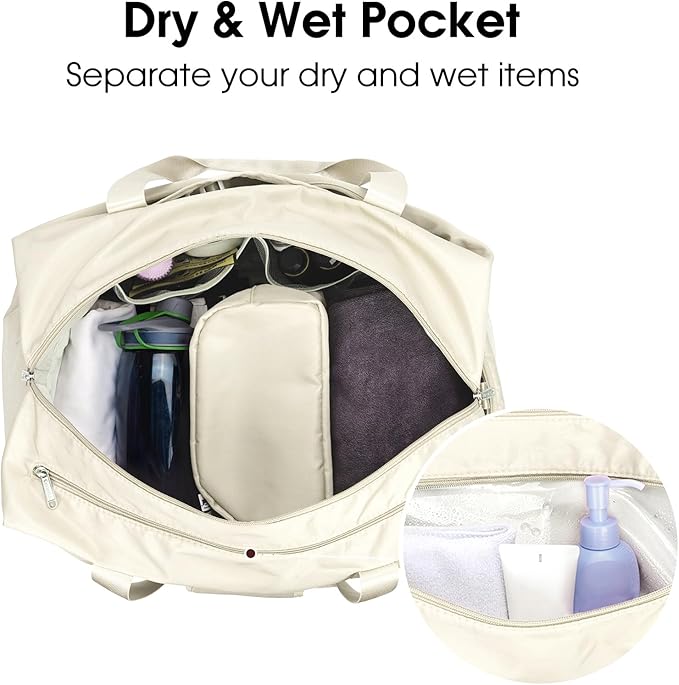 Ceneda 20" Gym Duffel with Wet Pocket & Shoes Compartment - Portable Overnight Weekender Travel & Yoga Bag for Women (Ivory)