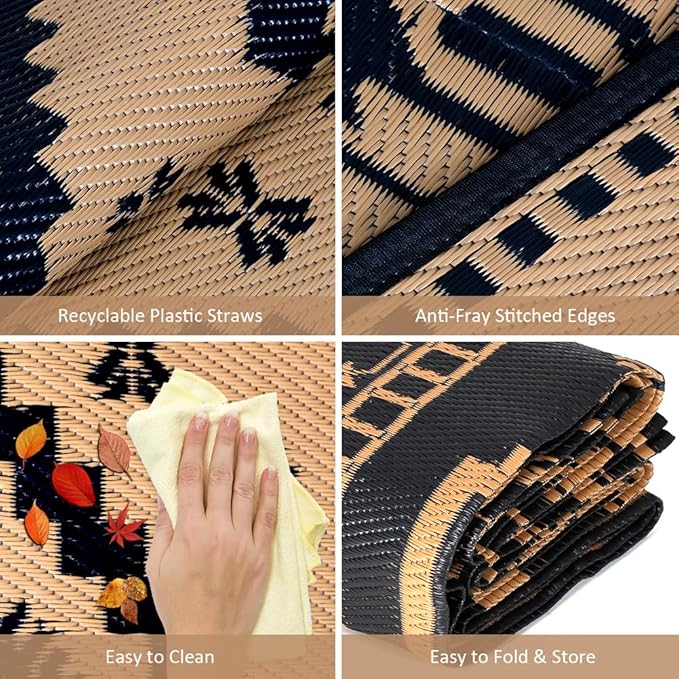 LILIOFFIC Outdoor Rugs for Patio Clearance - 5'x8' Waterproof Reversible Indoor Outdoor Rug Carpet, Portable Outdoor Plastic Straw Rug for RV Camping, Picnic, Beach, Porch, Deck, Black & Brown