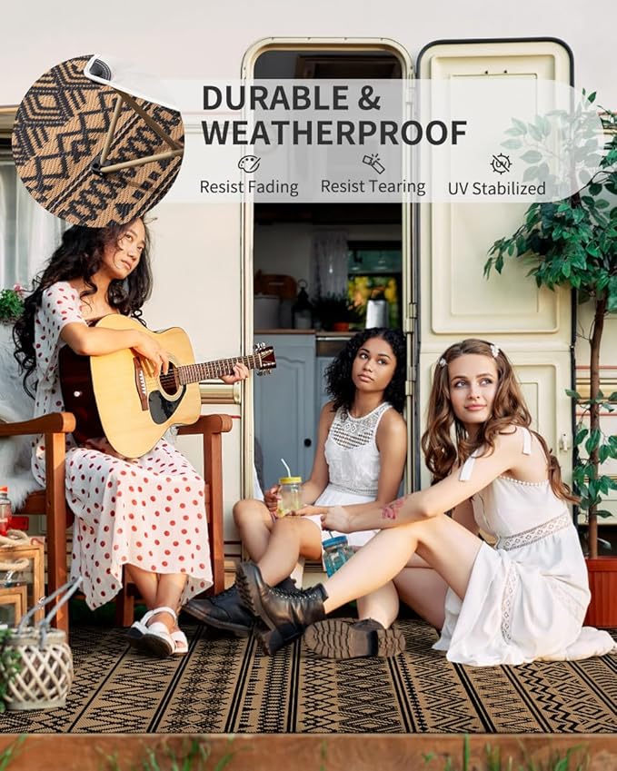 MontVoo Outdoor Rug 8x10 Waterproof Outdoor Patio Rug Mat Reverisble Plastic Straw Outdoor Rug for RV Camping Picnic Beach Balcony Boho Black Brown